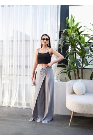 Defymoda Keten Önü Çapraz Parçali Lasti Kli Ve Bağcikli Geni Ş Paça Pantolon Gri