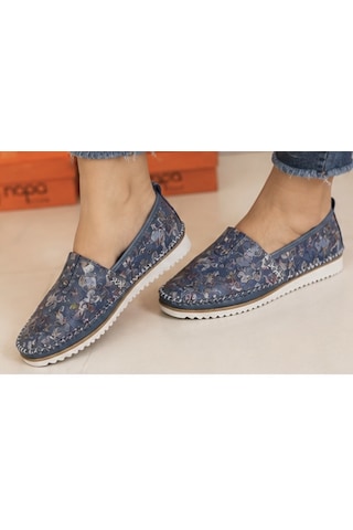 N Napa Shoe Np.108.fç.mavi Sneaker Napa Shoe Kadın Hakiki Deri Günlük Comfort Ayakkabı Mavi Çiçek Desenli