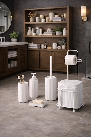 Decorev 6'lı Banyo Seti Metal Standlı Beyaz Ahşap Desenli Tuvalet Wc Kağıtlık Seti