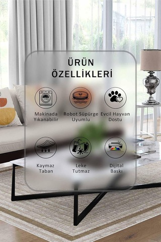 Bej Halı 1513 - Yıkanabilir, Kaymaz Taban, Dijital Baskılı, Leke Tutmaz, İnce Hav, Modern Salon, Oturma Odası, Yat Çok Renkli