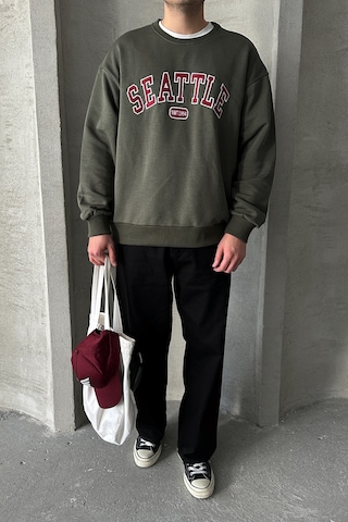 Erkek Seattle Baskılı Oversize Sweatshirt Haki