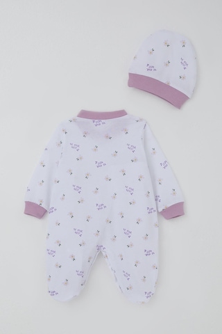 Breeze Kız Bebek Patikli Tulum Çiçek & Yazı Desenli 0-6 Ay, Beyaz