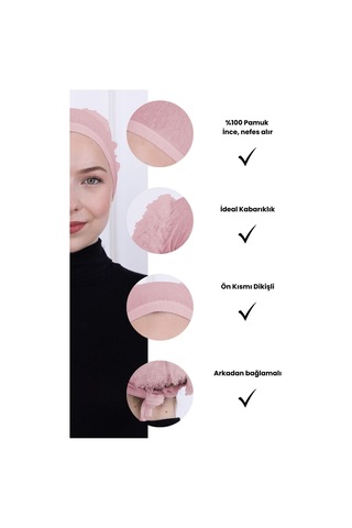 Fırfırlı Önden Dikişli Penye Bone - Kadın Tesettür Bağlamalı Topuz İç Bone-pembe Pembe