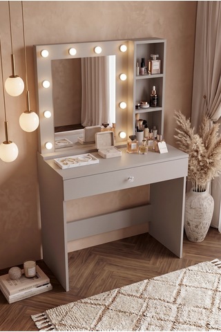 Yurudesign Monroe Makyaj Masası Çekmeceli Düzenleyici Hollywood Led Işıklı Raflı Kumsal Mo3-co