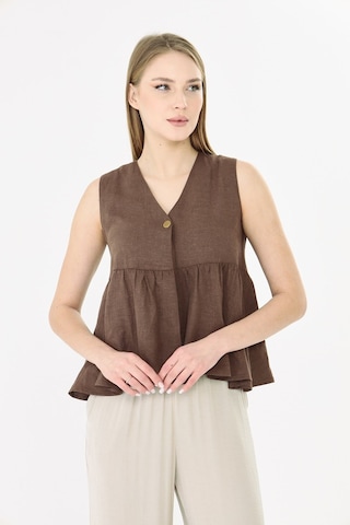 Sortie Collection V Yaka Tek Düğmeli Peplum Kahverengi Keten Bluz