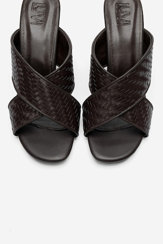 Luvi Shoes Lavean Kahverengi Örgü Çapraz Bantlı Kadın Dolgu Topuklu Terlik