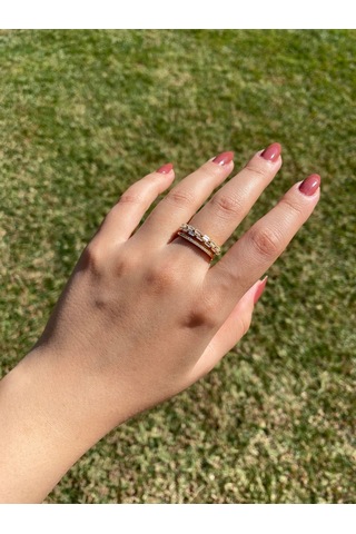 İki Sıra Taşlı Gold Kadın Zarif Yüzük Sevgiliye Hediye Altın