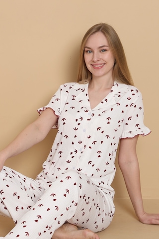 Wordex Mirano 3855 Desenli Bürümcük Gömlek Yaka Düğmeli Kısa Kollu Kadın Pijama Takımı Beyaz