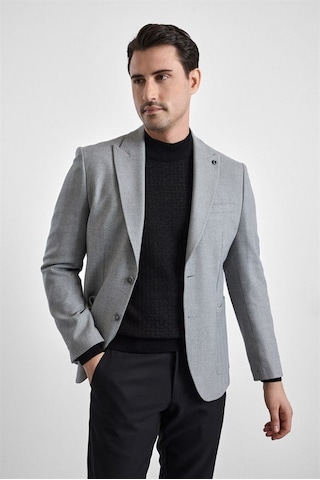 Süvari Gri Slim Mono Yaka Torba Cep 6 Drop Klasik Ceket Ct2021600416-s05