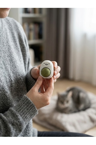 Kahverengi Sevimli Figürlü Dönen Kedi Nanesi Topu - Doğal Catnip Duvara Yapışan Kedi Oyuncağı