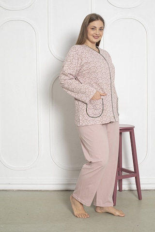 %100 Pamuklu Uzun Kollu Boydan Düğmeli Büyük Beden Kadın Pijama Takımı 206 Pudra