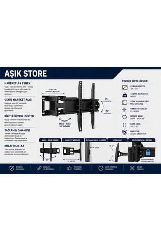 Hareketli Tv Askı Aparatı 39 65" Vesa 400 400 50 Kg