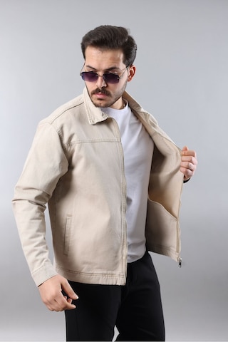 Erkek Regular Fit Bej Spor Model Fermuarlı Kot Ceket Bej