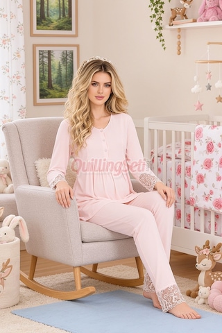Quilling Lady Bebe Pembe Renkli Dantel Detaylı, 33204 Uzun Kol, 2 Parça Lohusa Hamile Pijama Takımı Açık Pembe M - L