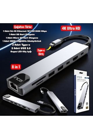Technow 8 İn1 4k Ultra Hd Type C Usb 3.0 Hub Hdmı Rj45 Sdtf Adaptör Çoklayıcı