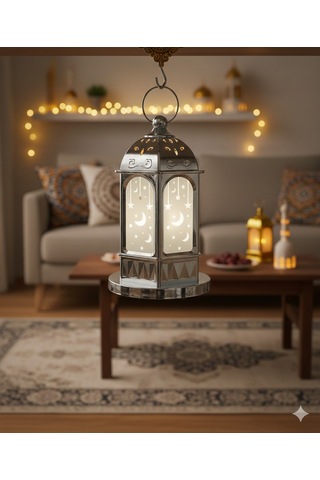 16 Cm Ramazan Ledli Gümüş Tabanlı Parlak Model Fener - Dekoratif Ramazan Feneri Diğer