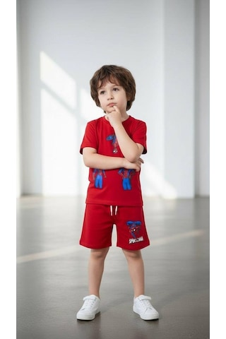 Miniko Kids Erkek Çocuk Spiderman Örümcek Adam Modelli Pamuk Şortlu Takım Kırmızı