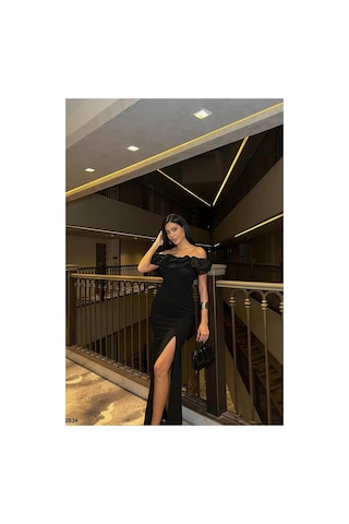 Lior Design Kadın Trend Tasarım Kare Yaka Yırtmaçlı Kısa Kollu Abiye Elbise Siyah