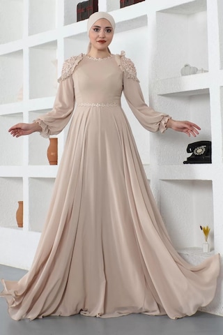 Omuz Detaylı Tesettür Abiye Elbise 727-bej Bej