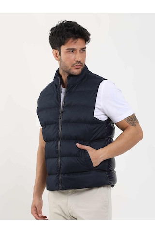 Dufy Lacivert Erkek Regular Fit Düz Fermuarlı Dik Yaka Şişme Yelek Mont - 96248-Lacivert