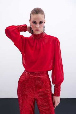 Sateen Payet Detaylı Bluz - Kırmızı-135855 Kırmızı