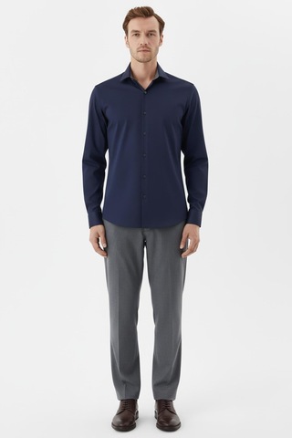 Sabri Özel Erkek Lacivert Dar Kesim Slim Fit %100 Pamuk Dokuma Uzun Kollu Klasik Yaka Gömlek