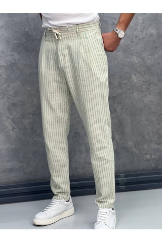 Modefendi Linen Kumaş Çizgi Detaylı Pantolon Yeşil