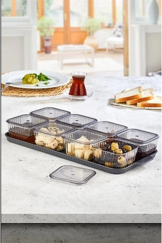 17 Parça Tepsili Kahvaltılık Saklama Kabı Seti 8x300 Ml Kare Kap, Bpa İçermeyen Kapaklı Antrasit8likare Çok Renkli