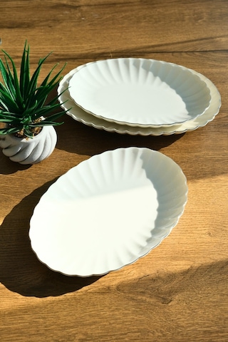 Kütahya Porselen Bone Luz Form Kayık Tabak Seti Platin 3 Parça Krem