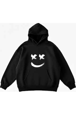 Maki Home Makiteks Siyah Pamuklu Unisex Cepli Kapüşonlu Rahat Kesim Gülen Yüz Baskılı Sweatshirt SiYAH