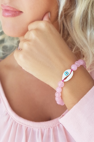 Pembe Kuvars Taşlı Gümüş Nazarlı Bileklik