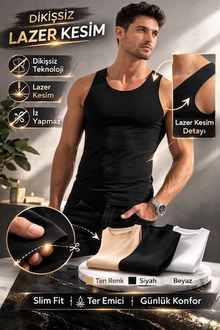 Qulat Berrak Erkek Lazer Kesim Görünmez Dikişsiz Atlet %85 Pamuk %15 Elastan Slim Fit İz Yapmaz/ 2 Adet Siyah