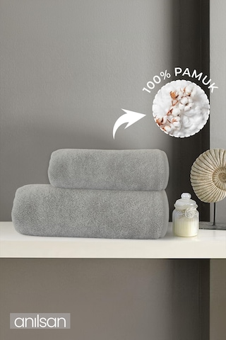 2'li Gri Havlu Seti %100 Pamuk - 1 Adet El Havlusu 50x90 Ve 1 Adet Banyo Havlusu 70x140 Gri