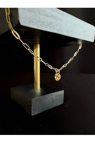 Oval Dövme Figürlü İnce Paperclip Ataş Model Zincir Çelik Halhal Metoo Serisi Gold