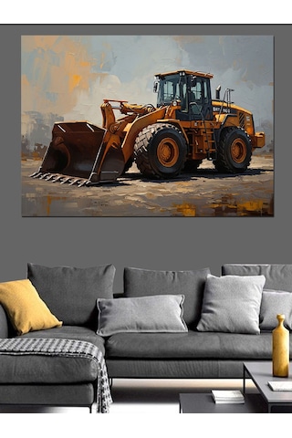 Şantiyede Çalışan Modern Sarı Dozer Dekoratif Kanvas - Mdf Ahşap Tablo