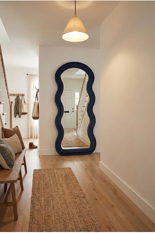 Ayaklı Kumaşlı Boy Aynası - Modern Dalgalı Tasarım Büyük Boy Ayna 182x87 Cm Siyah