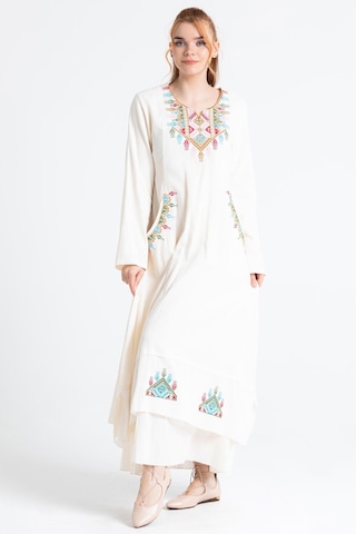 Uzun Kol Şile Bezi Nakışlı Antik Uzun Elbise Krem Krm-krem