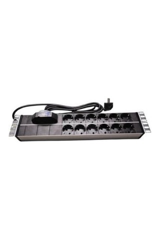 19" 2u Pdu: 12 X Schuko Tip Soketli, 16a Sigortalı, 1,5m 3x1.5mm2 Cee 7/7 Tip Fişli Kablolu