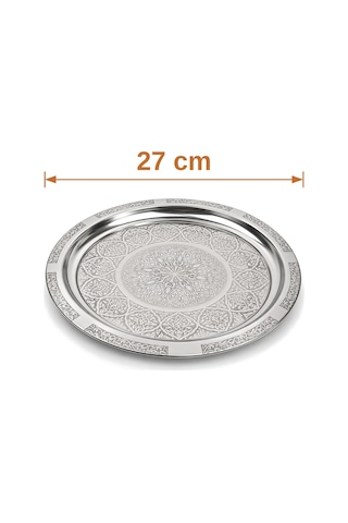 Binbir Trend 27 Cm Otantik Desenli Krom Çelik Kebap, Izgara, Meze Ve Servis Tabağı 30 Adet Gümüş
