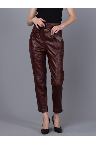 Basics&more Kadın Hakiki Deri Pantolon P01 Mürdüm