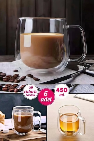 6'lı Çift Cidarlı Cam Kupa Bardak 450 Ml Fincanı Çift Katlı Isı Yalıtımlı Ev Ofis