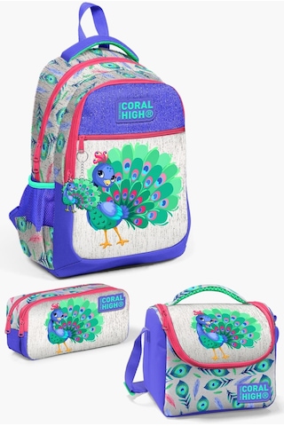 Coral High Kids Gümüş Lavanta Tavus Kuşu Desenli 3 Lü Okul Çanta Seti Set0123488