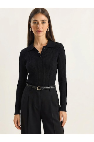 Shade Kadın Polo Yaka Patlı Regular Fit Triko Kazak 20258063 - Siyah