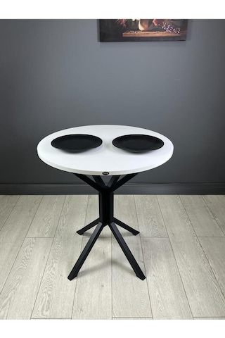 Nisa Beyaz Yuvarlak Mutfak Masası Yemek Masası Balkon Masası Metal Siyah Ayak 70 Cm