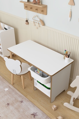 Çocuk Oyun Aktivite Masası 90x45 Cm 3 Sepetli Çocuk Çalışma Masası Arkalıklı Sandalye - Panda Çok Renkli