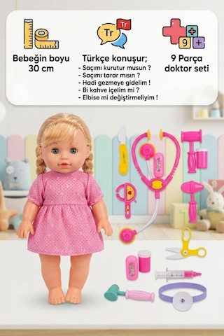9 Parça Sesli Türkçe Konuşan Kafası Et Gövdesi Kolları Bacakları Sert Plastik Bebek Doktor Oyun Seti 1