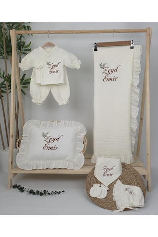 Gros Shop Müslin Yeni Doğan 4katlı Organik %100pamuk Kişiye Özgü Nakışlı Hastane Çıkış Seti İkili Dal Model-5 Ekru-2