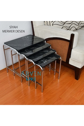 Renk Renk Mermer Desenli Parlak Mikelaj Ayaklı 4'Lü Zigon Sehpa (467864120)