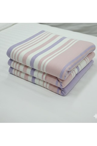 Çizgili Pamuklu Battaniye Tek Kişilik Beyaz - Pembe