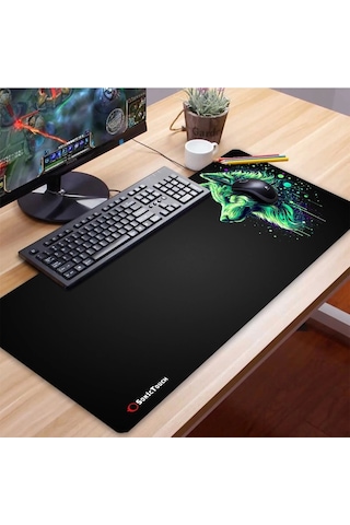 Sonictouch Ultragrand Siyah Ve Neon Yeşili Kurt Dikişsiz Xxl Gaming Oyuncu Masaüstü Klavye Mouse Pad 40x90cm